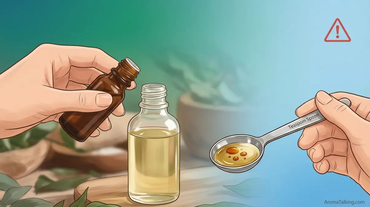 Essential oil safety dilution guide showing amber oil drops and carrier oil teaspoon for proper topical dilution ratio