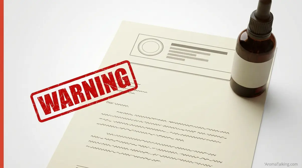 FDA warning letter document with red warning stamp next to essential oil bottle representing regulatory action against health claim violations