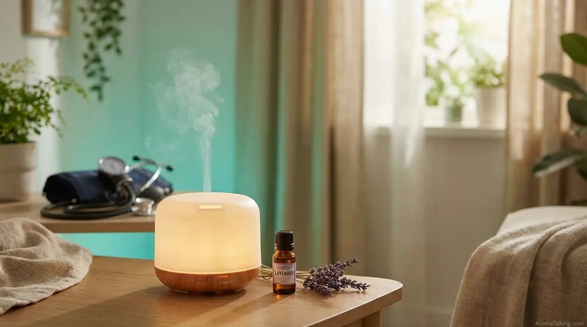 Lavender essential oil diffuser beside blood pressure monitoring equipment representing aromatherapy safety considerations for hypertension