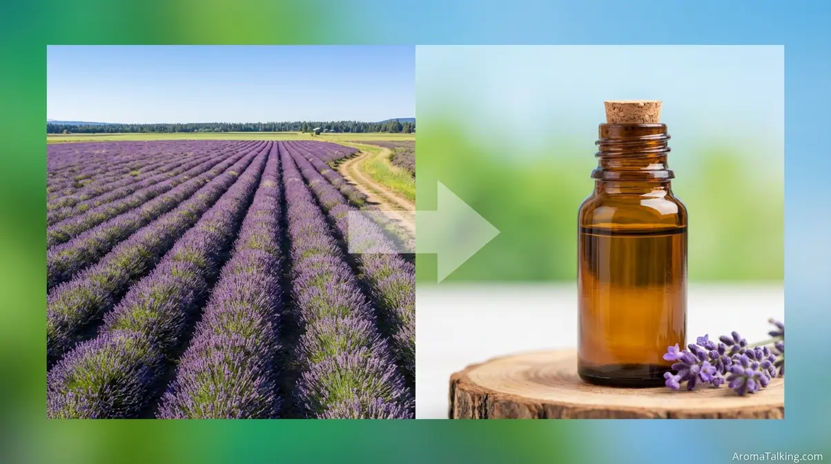 Seed to Seal concept showing lavender farm field and amber essential oil bottle representing Young Living farm-to-bottle process