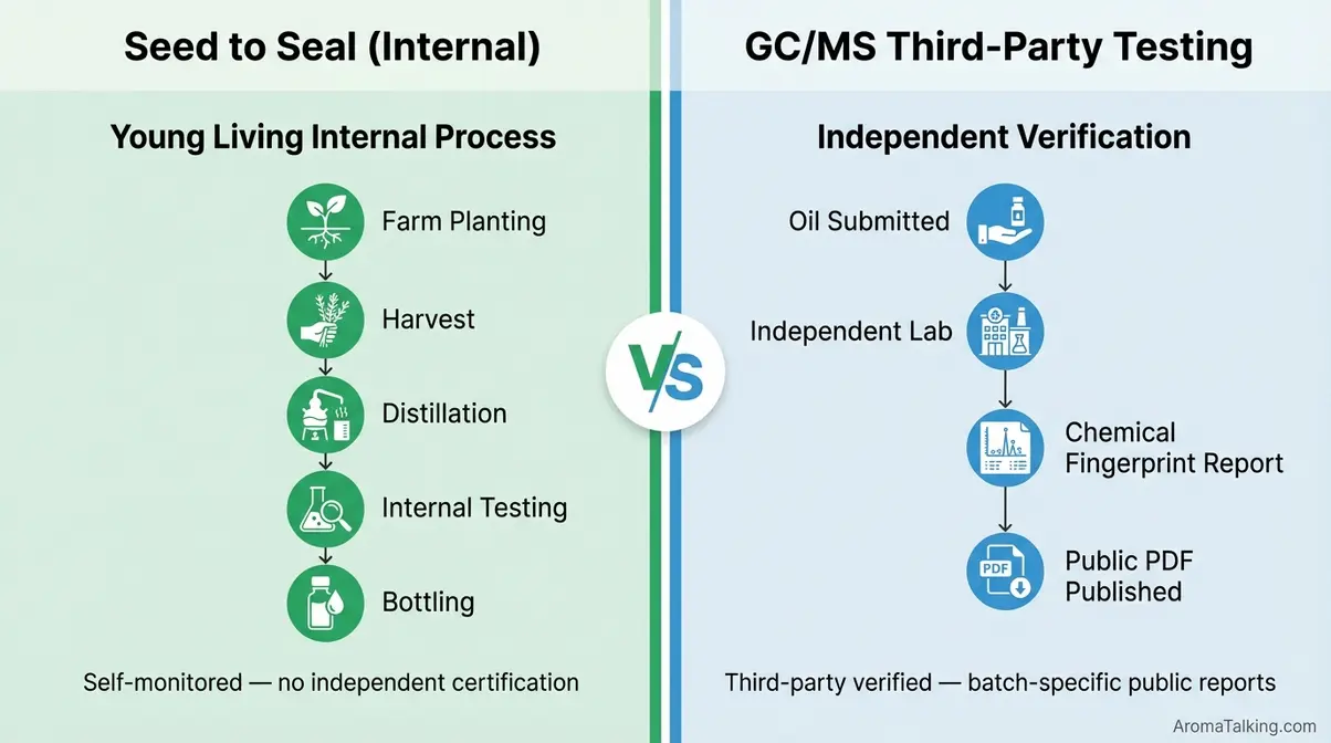 Infographic comparing Young Living Seed to Seal internal process versus independent GC/MS third-party essential oil purity testing methodology