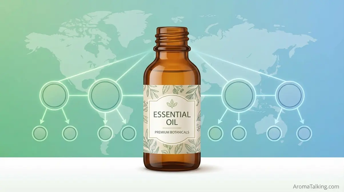 Young Living brand overview showing essential oil bottle and multi-level marketing distributor network structure diagram