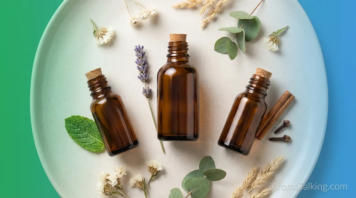 Young Living top essential oils review flat-lay showing lavender, peppermint, and Thieves blend bottles with botanical props